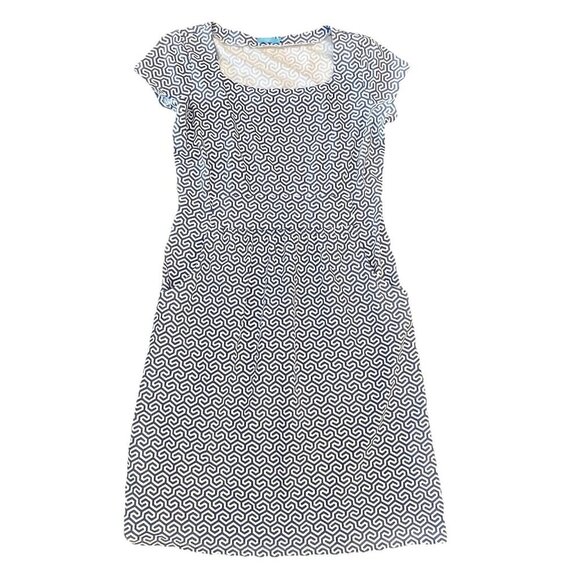 J McLaughlin Sheath Dress Size Small Catalina Cloth Stretch Blue White Geometric - Picture 1 of 8